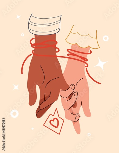 Linked hands with his index fingers and red thread fate. Confession of love and affection by body language. Multinational couple gestures, non-verbal communication in love. Vector stock illustration.