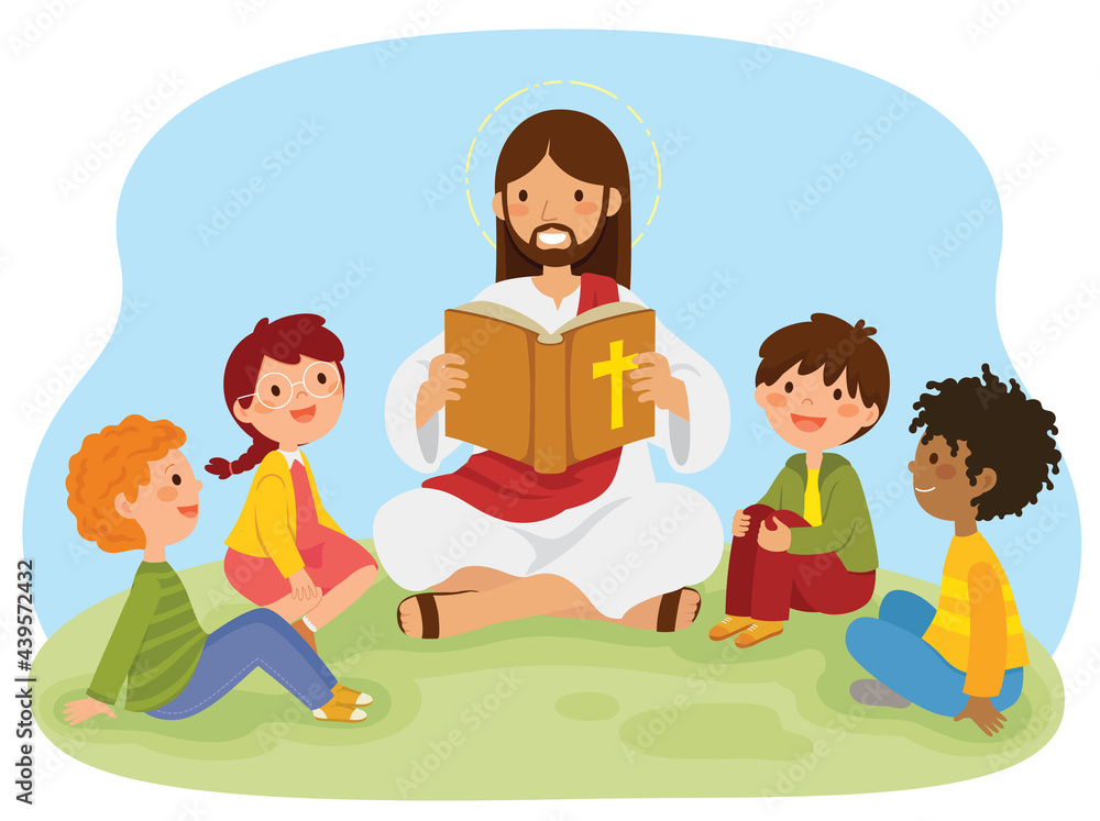 Jesus Christ reading the bible book to kids sitting on the grass. Stock ...