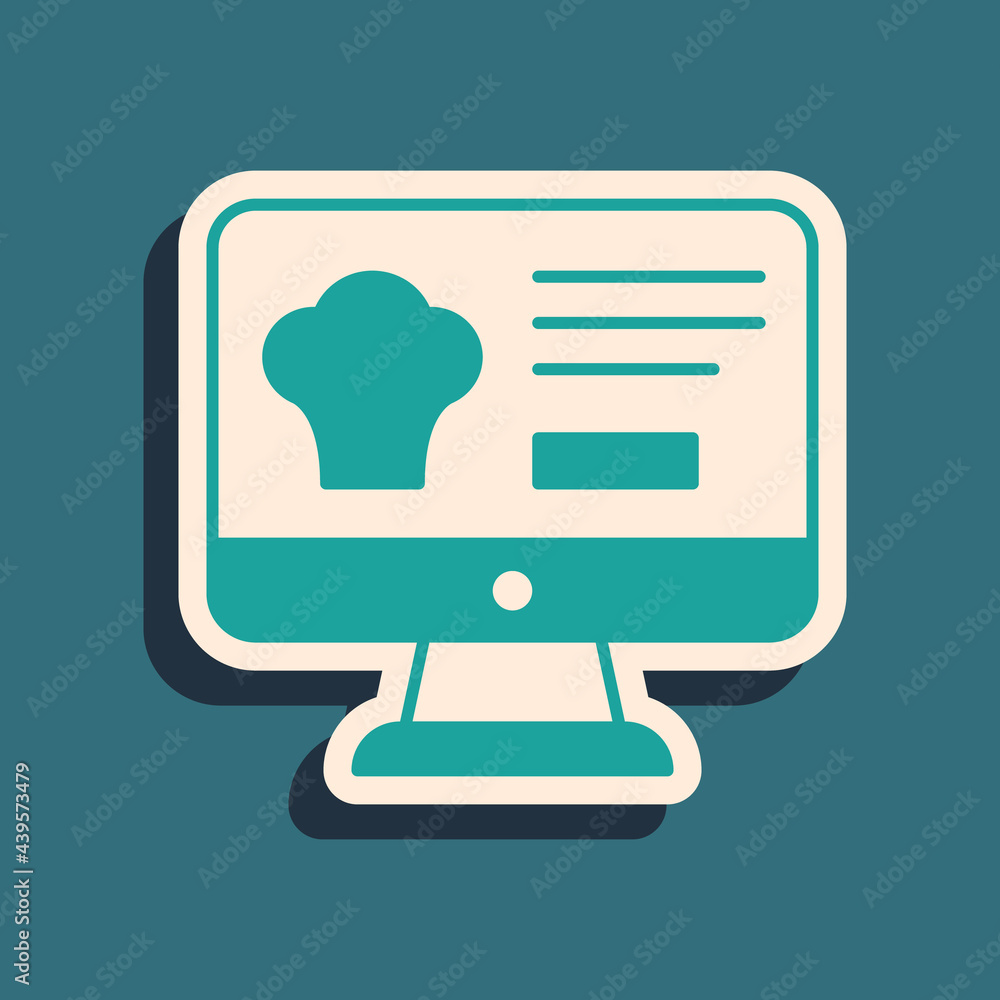 Green Online ordering and fast food delivery icon isolated on green background. Long shadow style. Vector Green Online ordering and fast food delivery icon isolated on green background. Long shadow style. Vector