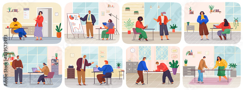Business meeting or working process in head office scenes set. Project management and teamwork concept. Business people discussing new contract. Man and woman colleagues communicating during work