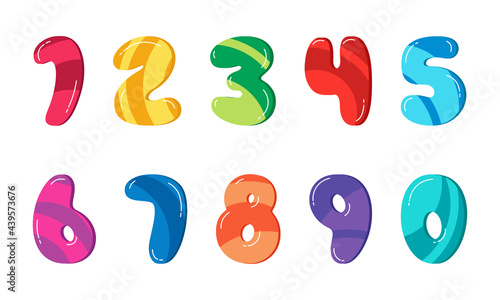 Colourful cartoon numbers 1-10 for kids, birthday card template. Vector illustration set isolated on white background. Numbers 1, 2, 3, 4, 5, 6, 7, 8, 9, 0.