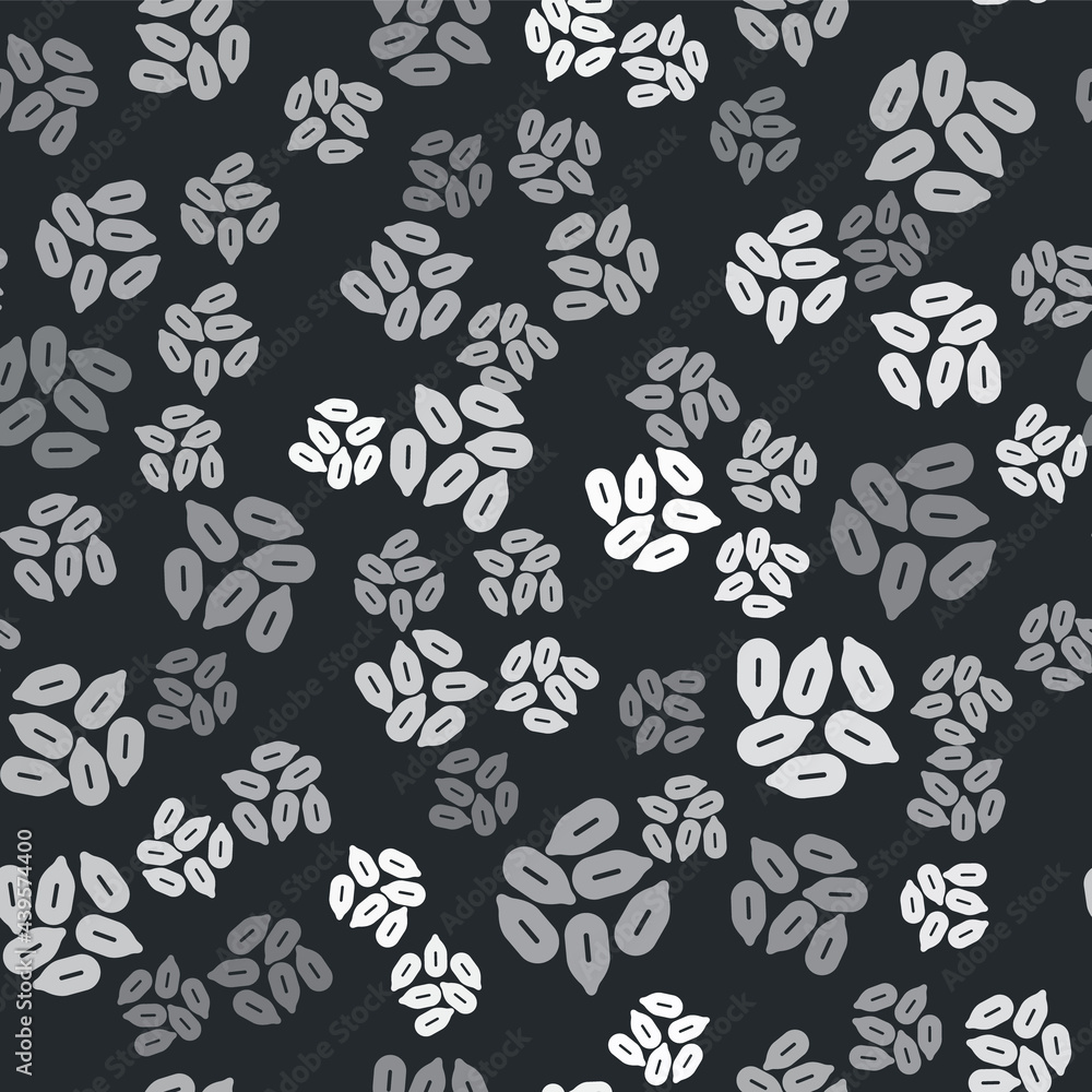 Grey Seeds of a specific plant icon isolated seamless pattern on black background. Vector