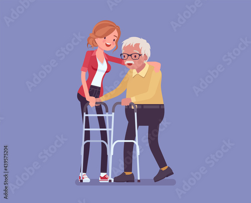 Senior people social support, older adult care and rehabilitation. Female volunteer nursing walker old woman, family love, retirement home treatment, assistance. Vector flat style cartoon illustration