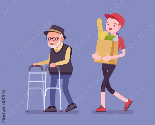 Senior with walker, aged handicapped man and male volunteer helping. Elderly citizen social support, courier carrying food bags, shop, market delivery service. Vector flat style cartoon illustration