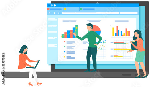 Colleagues discussing financial chart analytics. Employees brainstorming statistical diagram graphs on screen. Presentation of business strategy concept. People discussing data shown on monitor
