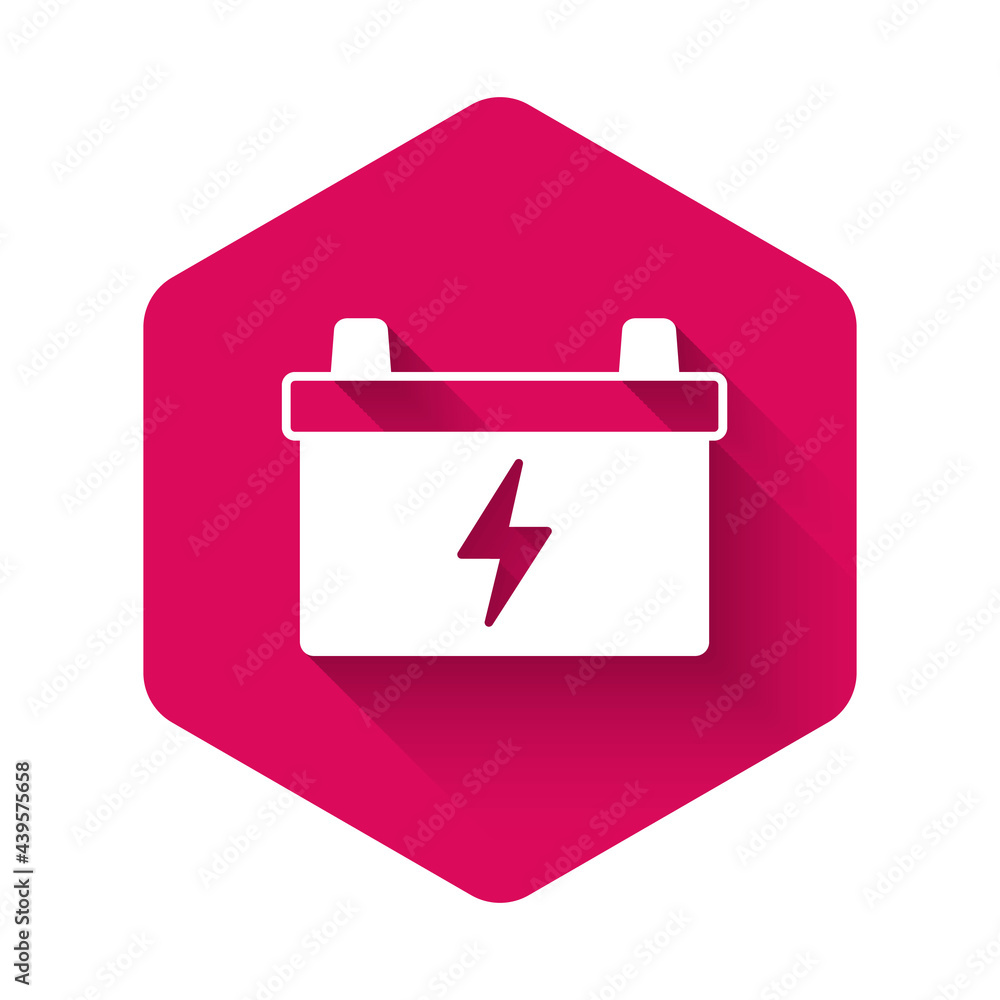 White Car battery icon isolated with long shadow background. Accumulator battery energy power and electricity accumulator battery. Pink hexagon button. Vector White Car battery icon isolated with long shadow background. Accumulator battery energy power and electricity accumulator battery. Pink hexagon button. Vector