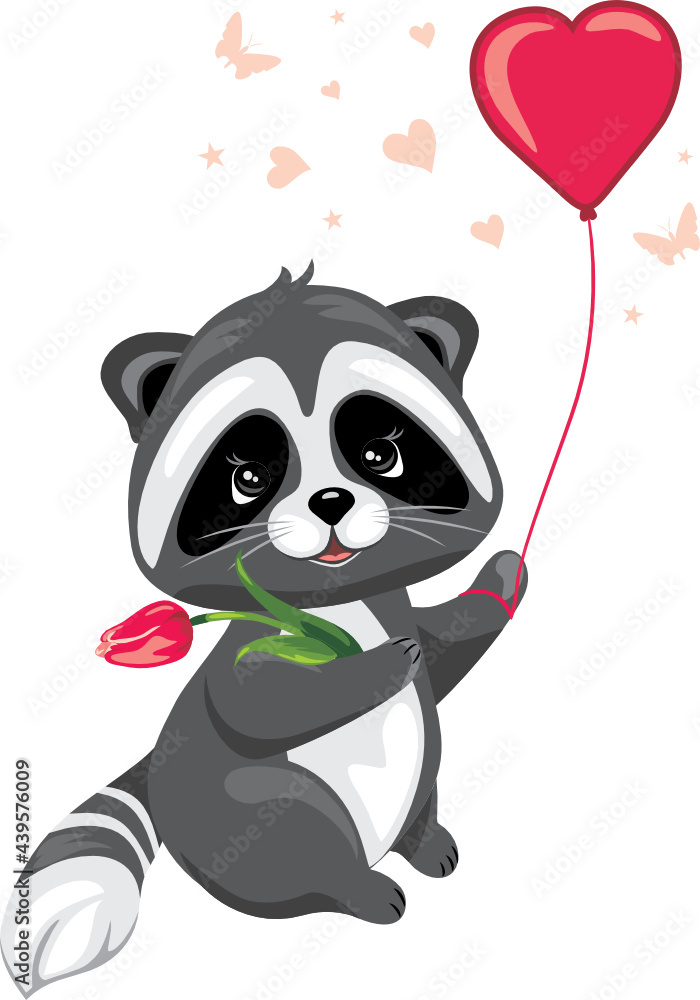 Cute raccoon holding tulip and heart shaped balloon Cute raccoon holding tulip and heart shaped balloon