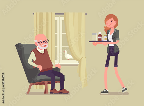 Caregiving elderly people, young woman helping senior man at home. Older adult care, volunteer nursing, assistance, charity, disability social support service. Vector flat style cartoon illustration