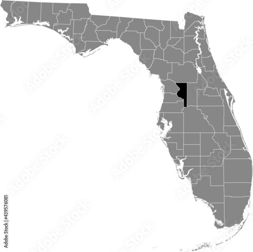 Black highlighted location map of the US Sumter county inside gray map of the Federal State of Florida, USA