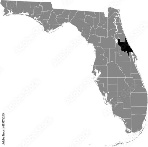 Black highlighted location map of the US Volusia county inside gray map of the Federal State of Florida, USA