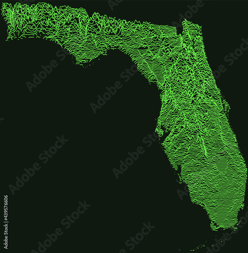 Topographic military radar tactical map of the Federal State of Florida, USA with emerald green contour lines on dark green background