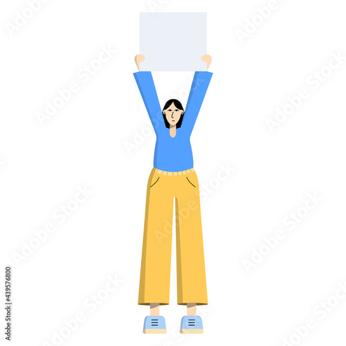 Girl with a poster, placard, banner in hands. Single picket. A woman is a participant in a rally, single picket, protest, procession, strike. Flat style. Vector illustration on white background.