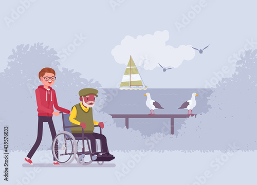 Wheelchair male senior, aged handicapped man outdoor walking with nurse. Volunteer assisting older adult, social support, care in retirement home, sea pansionat. Vector flat style cartoon illustration