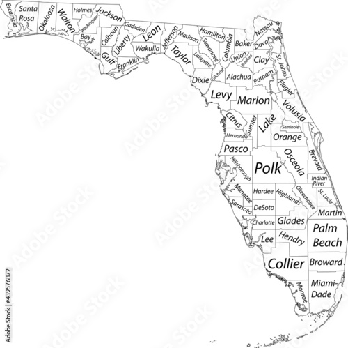 White vector map of the Federal State of Florida, USA with black borders and names of its counties