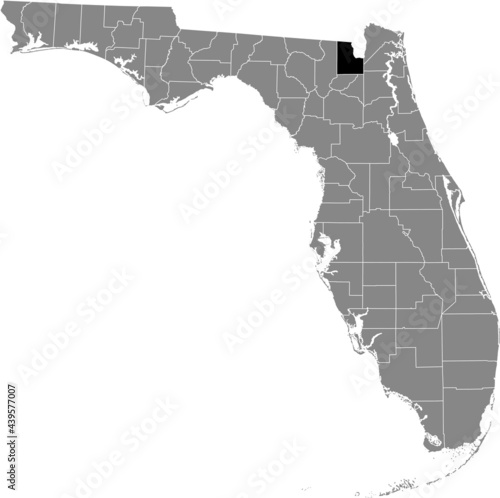 Black highlighted location map of the US Baker county inside gray map of the Federal State of Florida, USA