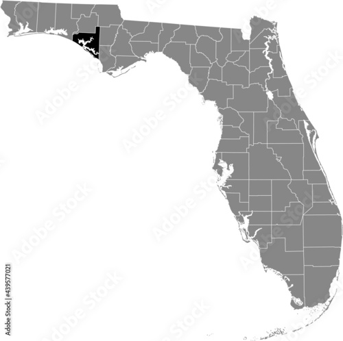 Black highlighted location map of the US Bay county inside gray map of the Federal State of Florida, USA