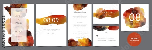 Set of Wedding Invitation, floral invite, thank you, rsvp rustic card design with gold foil decoration. Vector elegant modern template, trendy cover, graphic poster, retro brochure, design template