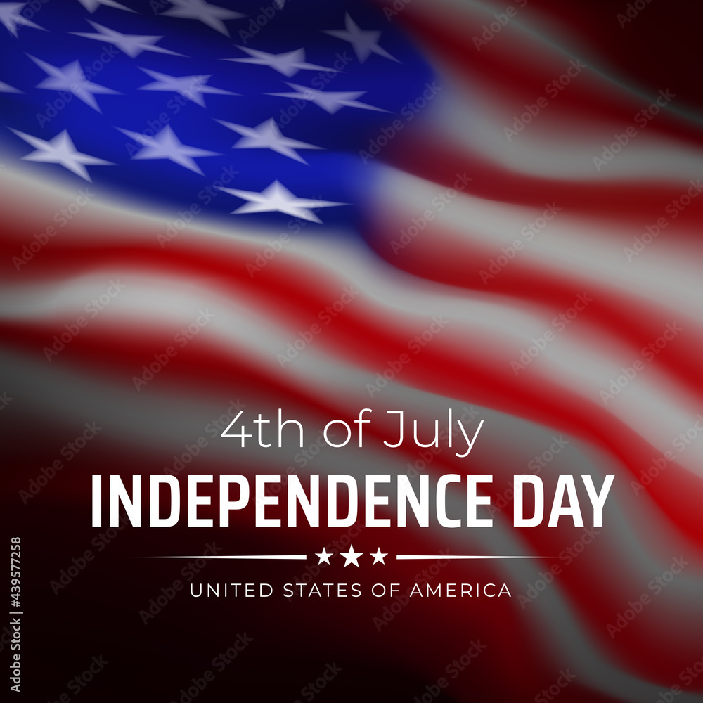4th of july usa independence day banner, greeting card. Waving american flag on a dark background. Fourth of july, USA national holiday. Vector black and white illustration, poster