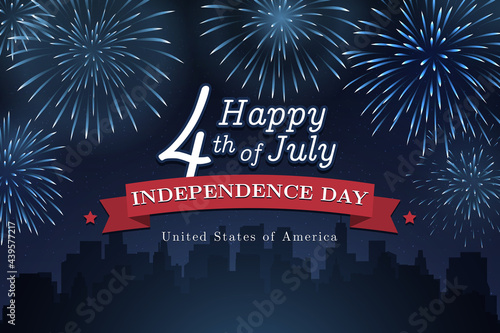 Banner 4th of july usa independence day, vintage template with fireworks on starry sky and cityscape background. Fourth of july, USA national holiday. Vector illustration, retro poster