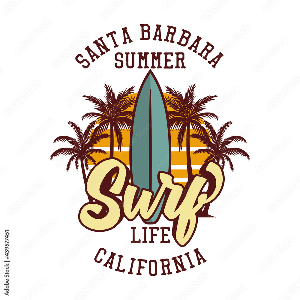 t shirt design santa barbara summer surf life california with surfing board vintage illustration