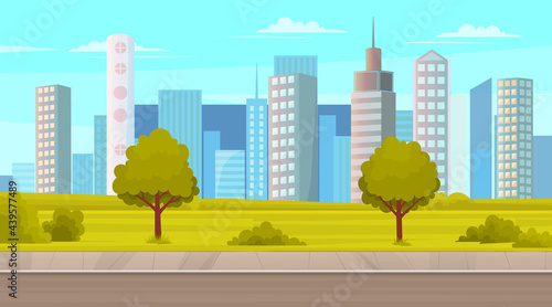 Landscape of urban city park. Road against background of tall buildings and skyscraper. Roadway, cityscape and nature. Landscape with nature and modern buildings. Asphalt track with sidewalk in park