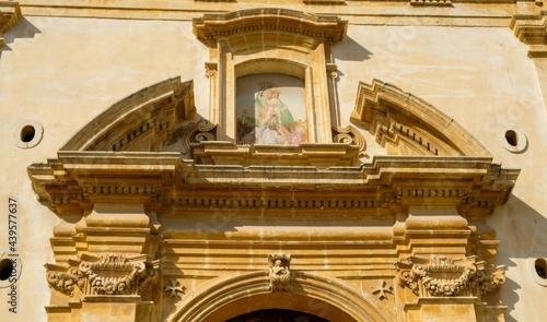 Noto  Sicily. Entrance details of Chiesa di San Giovanni Battista alle Anime Sante  built in the first half of the 18th century.