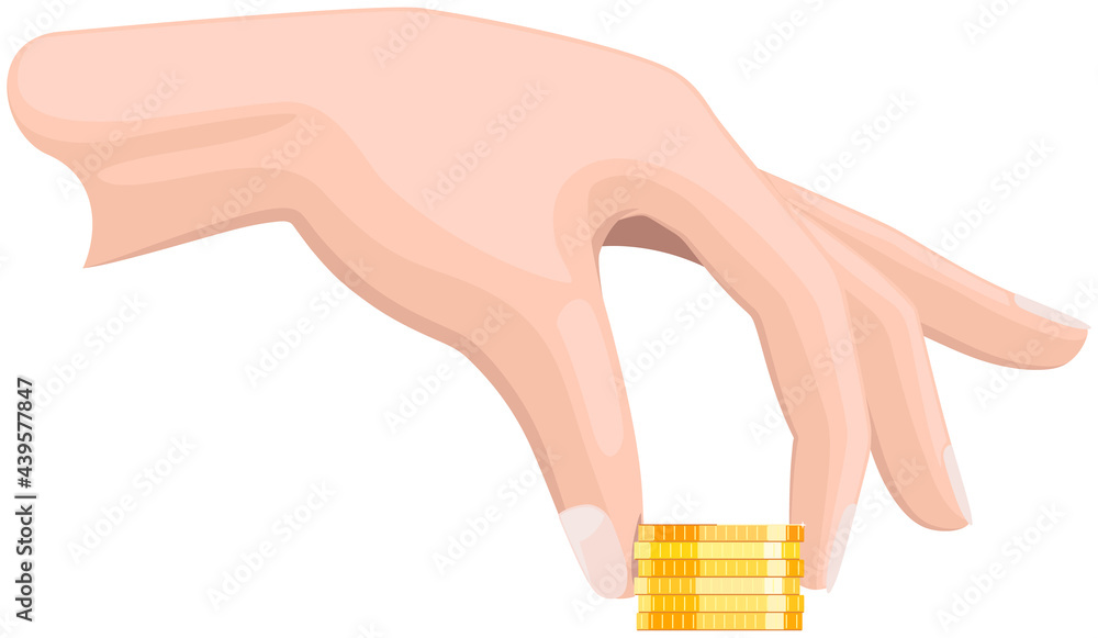 Fototapeta premium Human hand with coin isolated on white background. Money donation, charity, investment. Profit, income, salary increase. Hand holding gold dollar penny. Person with gold cent between fingers