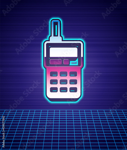 Retro style Walkie talkie icon isolated futuristic landscape background. Portable radio transmitter icon. Radio transceiver sign. 80s fashion party. Vector