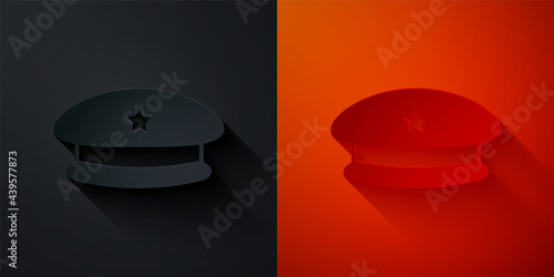 Paper cut Military beret icon isolated on black and red background. Soldiers cap. Army hat. War baret. Paper art style. Vector