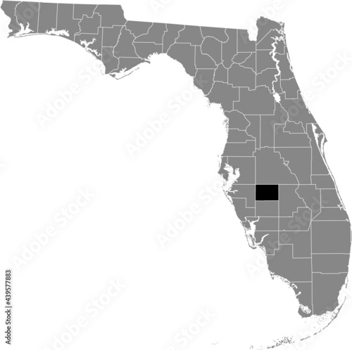 Black highlighted location map of the US Hardee county inside gray map of the Federal State of Florida, USA
