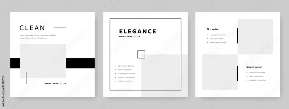 Social media posts layouts with minimal elements, grey tones, clean editable business templates, elegance graphics, set of modern corporate design - obrazy, fototapety, plakaty 