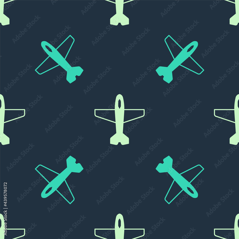 Green and beige Plane icon isolated seamless pattern on blue background. Flying airplane icon. Airliner sign. Vector Green and beige Plane icon isolated seamless pattern on blue background. Flying airplane icon. Airliner sign. Vector