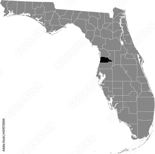 Black highlighted location map of the US Hernando county inside gray map of the Federal State of Florida, USA