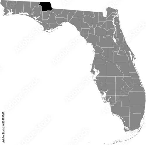 Black highlighted location map of the US Jefferson county inside gray map of the Federal State of Florida, USA