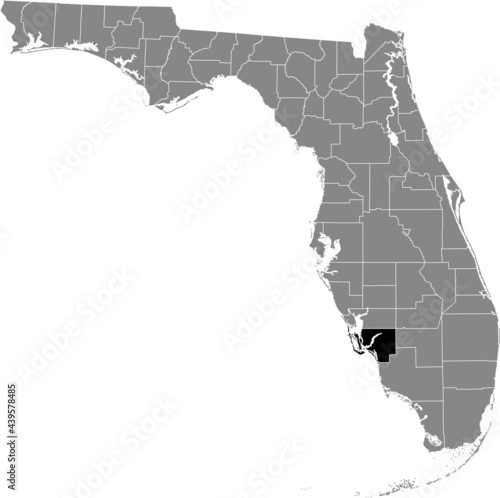 Black highlighted location map of the US Lee county inside gray map of the Federal State of Florida, USA
