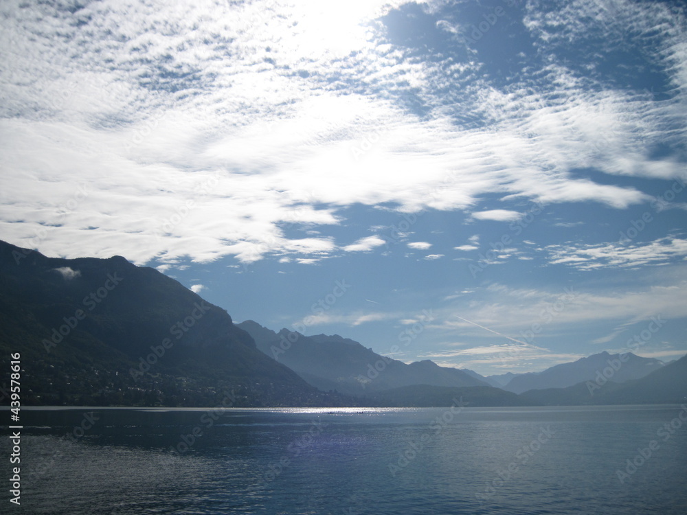 Scenic morning view of lake and mountains in Annecy, Haute Savoie, France. 