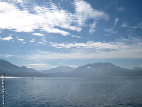 Scenic morning view of lake and mountains in Annecy, Haute Savoie, France. 