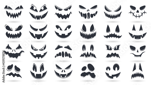 Fototapeta Naklejka Na Ścianę i Meble -  Halloween pumpkins faces. Spooky ghost emoticons faces isolated vector illustration set. Scary pumpkin faces silhouette