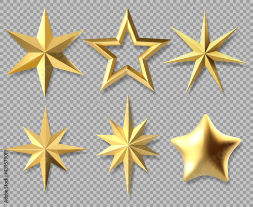 Realistic Christmas stars. Golden xmas glossy 3D stars, award decorative symbol isolated vector illustration set. Gold Christmas star icons