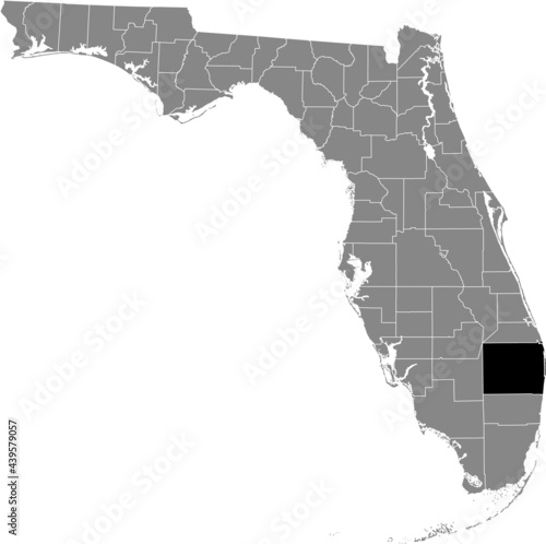Black highlighted location map of the US Palm Beach county inside gray map of the Federal State of Florida, USA