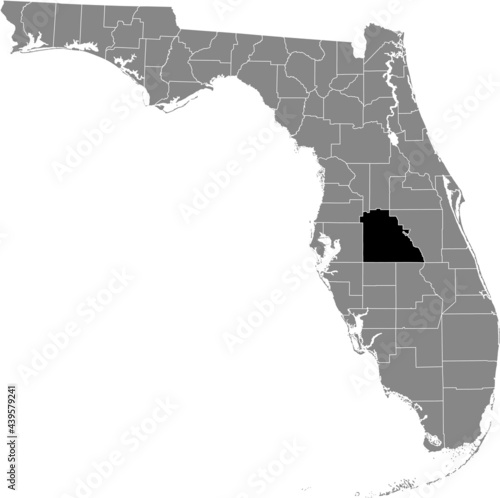 Black highlighted location map of the US Polk county inside gray map of the Federal State of Florida, USA