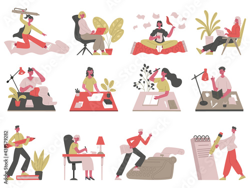 Writing characters. Professional writer, journalist, blogger and copywriter writing texts or posting vector illustration set. Storytelling and writing people