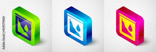 Isometric Drop in crude oil price icon isolated on grey background. Oil industry crisis concept. Square button. Vector