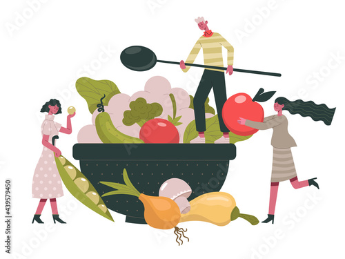 Vegetarian food. People cook healthy organic diet food, greens and vegetables healthy ingredients cartoon vector illustration. Organic vegetarian menu