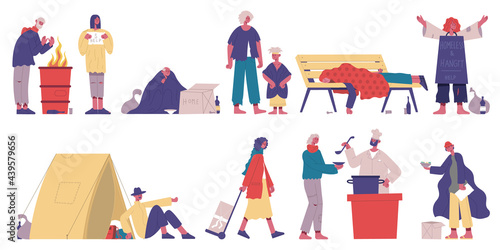 Homeless characters. Poor, unemployment beggar characters, hungry and dirty people cartoon vector illustration set. Beggar need help