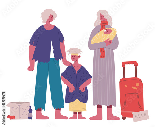 Homeless family. Poor, hungry and dirty father, mother and kids, refugee stateless family cartoon vector illustration. Family in crisis situation