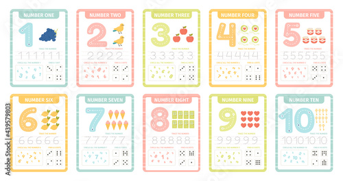 Numbers learning cards. Kindergarten flashcards with numbers, learning and spelling numbers from 1 to 10 vector illustration set. Kids counting worksheets