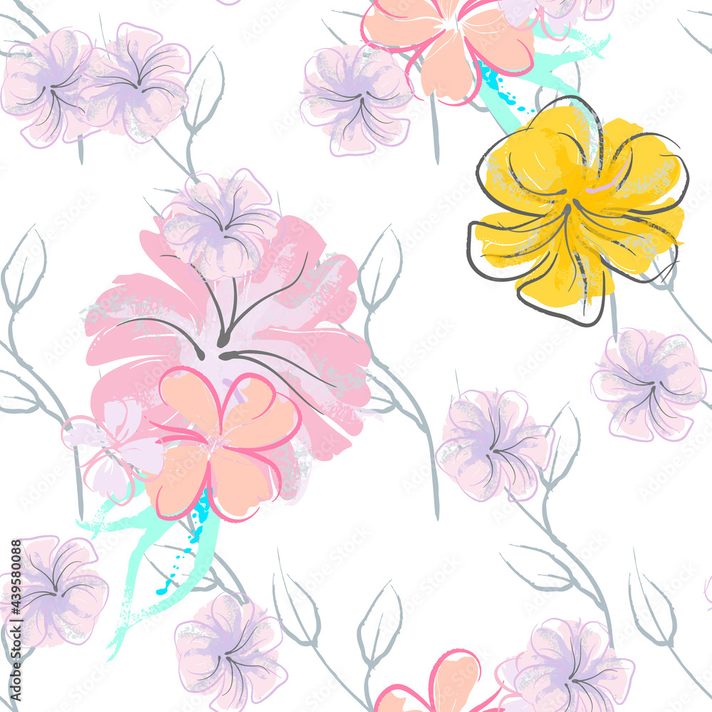 Pink Flowers Blooming Pattern. Pastel Watercolor.