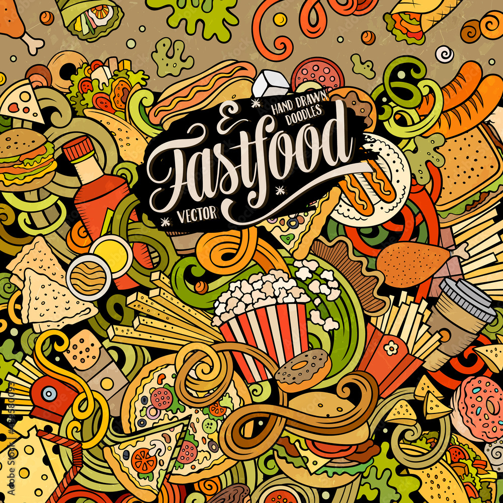 Fastfood hand drawn vector doodles illustration. Fast food frame card design