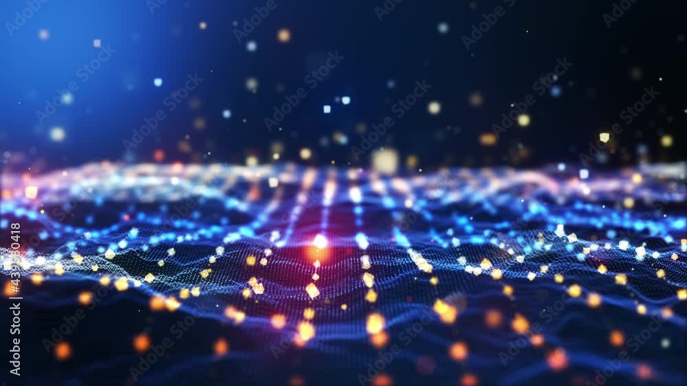 Glow blue digital landscape with cube particle. Crypto currency, big data, block chain and digital technology concept. 3D Rendering.
